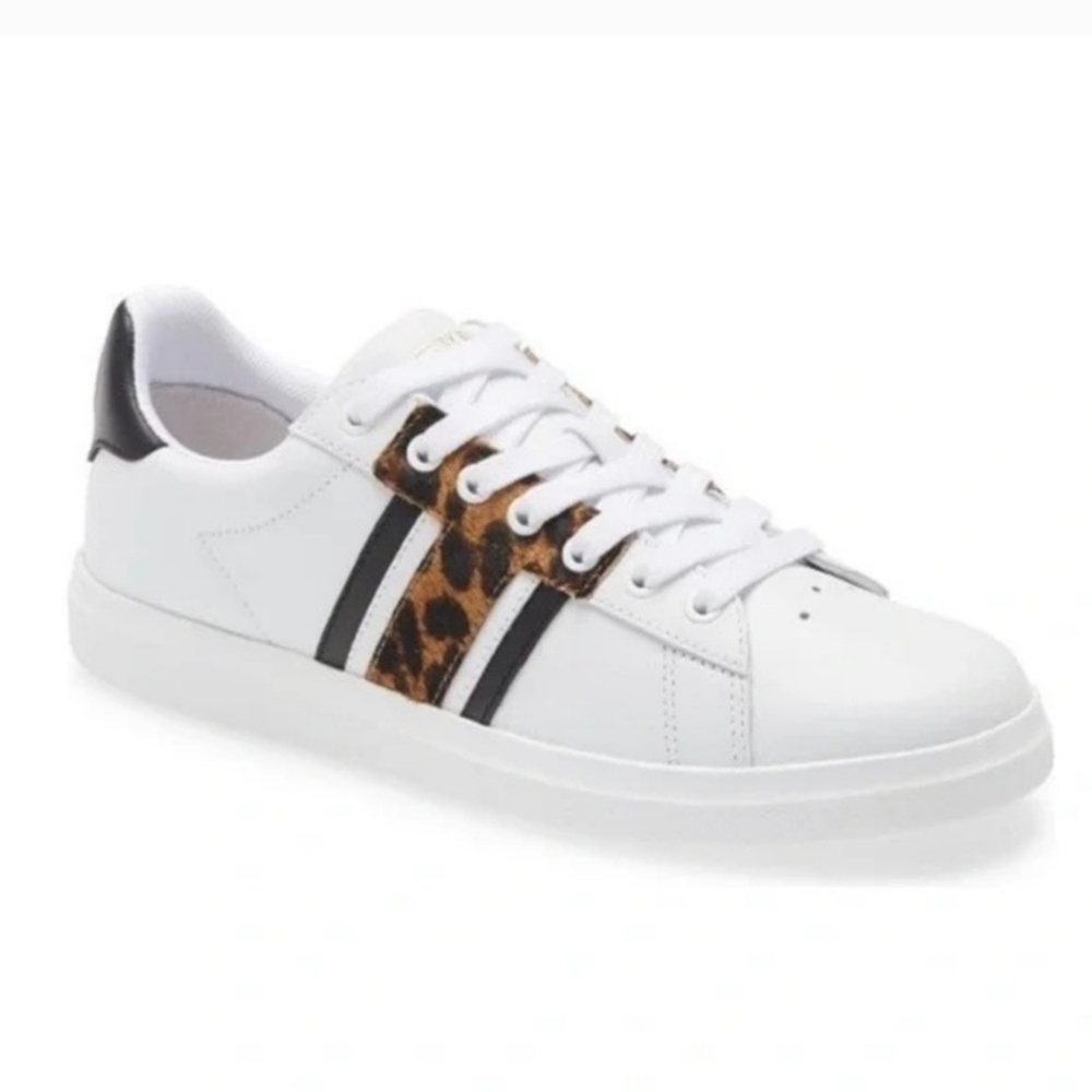 Tory Burch (Size 7M) White, Black & Gold Animal Print Calf Hair Leather Sneaker